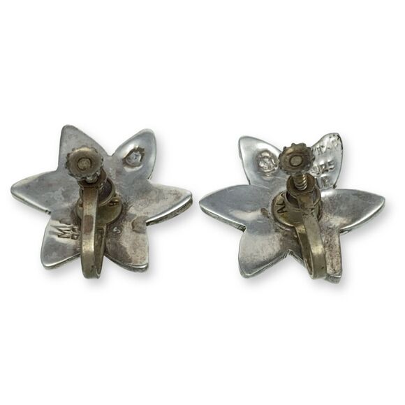 Vintage Sterling Silver 925 Sterling Abalone Flower Inlay Screw Back Earrings - Picture 5 of 7